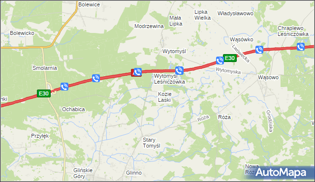 mapa Kozie Laski gmina Nowy Tomyśl, Kozie Laski gmina Nowy Tomyśl na mapie Targeo