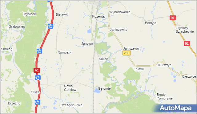 mapa Kulice gmina Pelplin, Kulice gmina Pelplin na mapie Targeo