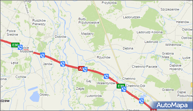 mapa Rzuchów gmina Dąbie, Rzuchów gmina Dąbie na mapie Targeo
