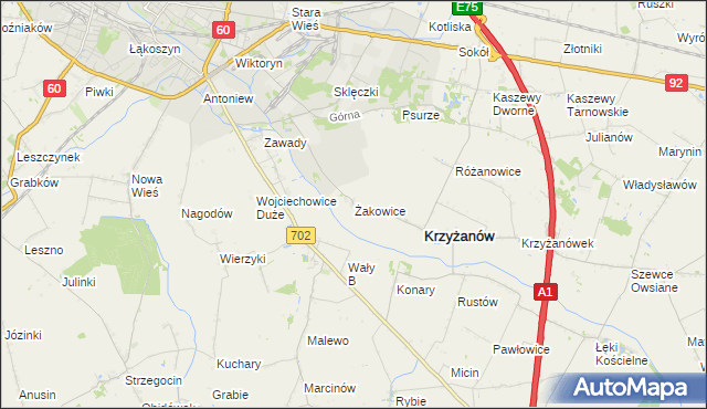 mapa Żakowice gmina Krzyżanów, Żakowice gmina Krzyżanów na mapie Targeo