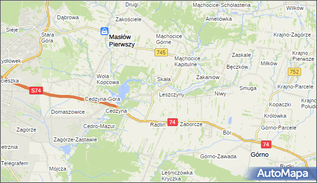mapa Leszczyny gmina Górno, Leszczyny gmina Górno na mapie Targeo