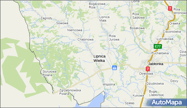 mapa Lipnica Wielka powiat nowotarski, Lipnica Wielka powiat nowotarski na mapie Targeo