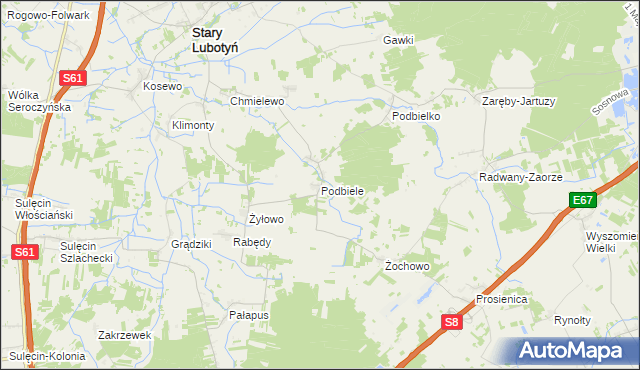 mapa Podbiele gmina Stary Lubotyń, Podbiele gmina Stary Lubotyń na mapie Targeo