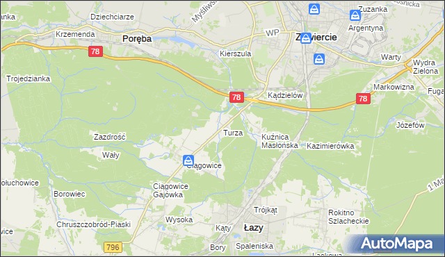 mapa Turza gmina Łazy, Turza gmina Łazy na mapie Targeo