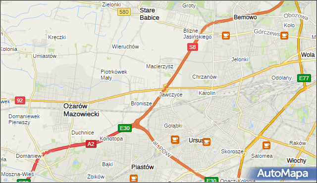 mapa Jawczyce gmina Ożarów Mazowiecki, Jawczyce gmina Ożarów Mazowiecki na mapie Targeo