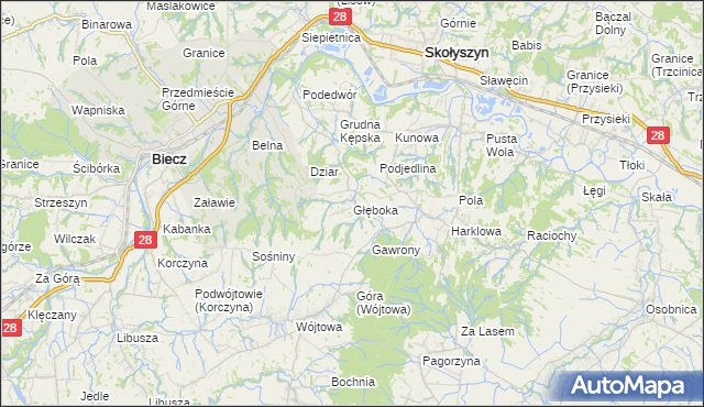 mapa Głęboka gmina Biecz, Głęboka gmina Biecz na mapie Targeo