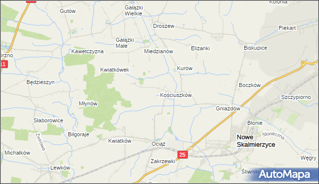 mapa Kościuszków gmina Nowe Skalmierzyce, Kościuszków gmina Nowe Skalmierzyce na mapie Targeo