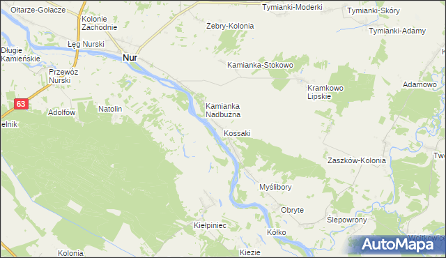 mapa Kossaki gmina Nur, Kossaki gmina Nur na mapie Targeo