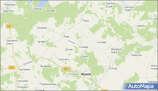 mapa Kowale gmina Wyszki, Kowale gmina Wyszki na mapie Targeo