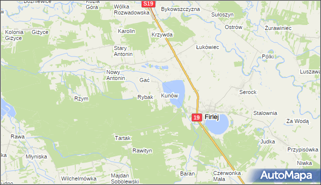 mapa Kunów gmina Firlej, Kunów gmina Firlej na mapie Targeo