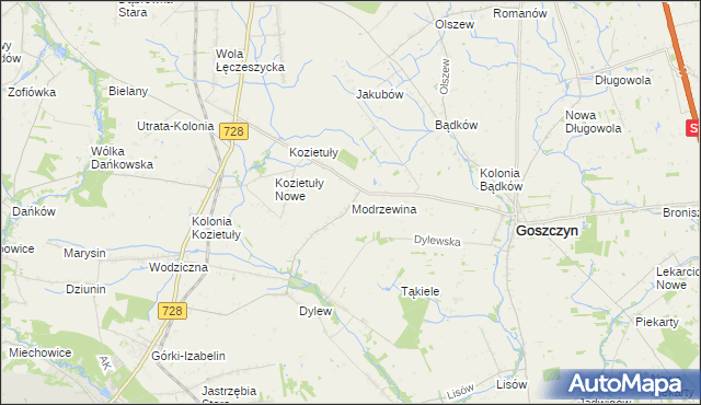 mapa Modrzewina gmina Goszczyn, Modrzewina gmina Goszczyn na mapie Targeo