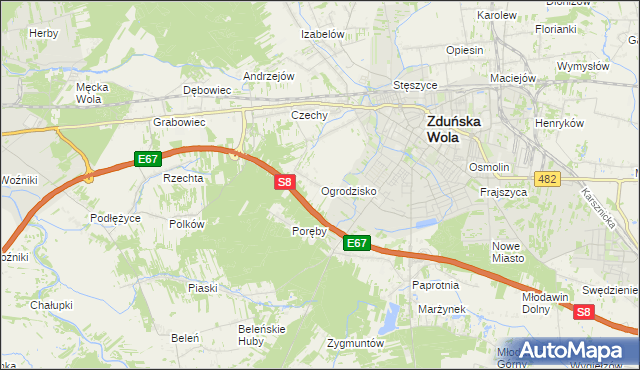 mapa Ogrodzisko gmina Zduńska Wola, Ogrodzisko gmina Zduńska Wola na mapie Targeo