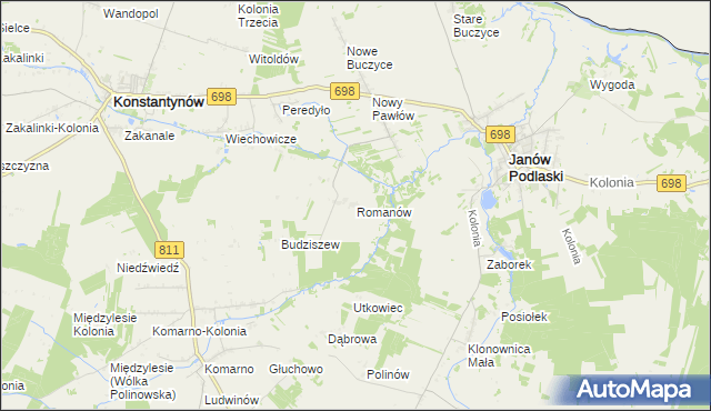 mapa Romanów gmina Janów Podlaski, Romanów gmina Janów Podlaski na mapie Targeo