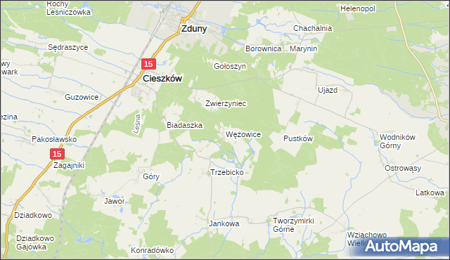 mapa Wężowice gmina Cieszków, Wężowice gmina Cieszków na mapie Targeo