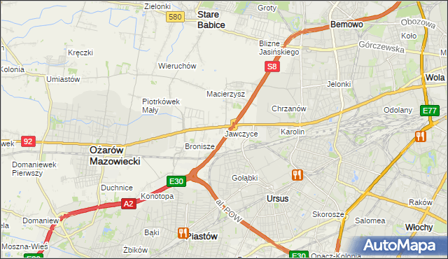 mapa Jawczyce gmina Ożarów Mazowiecki, Jawczyce gmina Ożarów Mazowiecki na mapie Targeo
