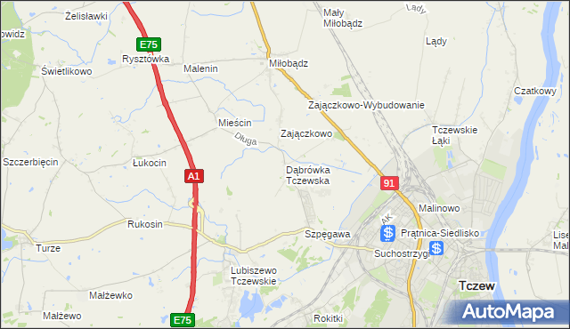 mapa Dąbrówka Tczewska, Dąbrówka Tczewska na mapie Targeo