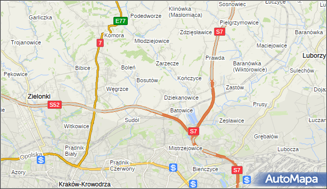 mapa Dziekanowice gmina Zielonki, Dziekanowice gmina Zielonki na mapie Targeo