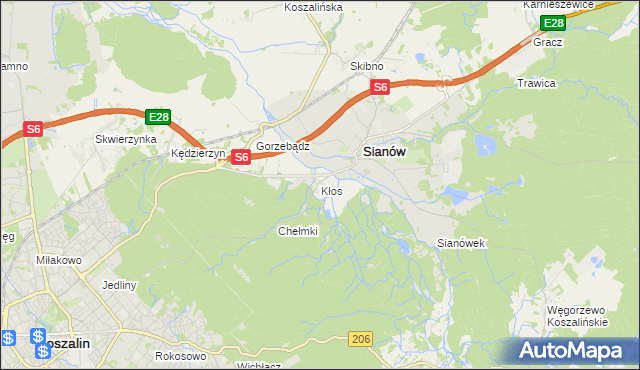 mapa Kłos gmina Sianów, Kłos gmina Sianów na mapie Targeo