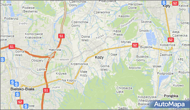 mapa Kozy powiat bielski, Kozy powiat bielski na mapie Targeo