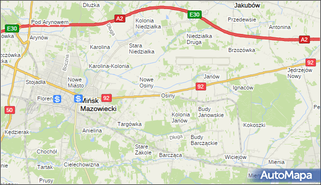 mapa Osiny gmina Mińsk Mazowiecki, Osiny gmina Mińsk Mazowiecki na mapie Targeo