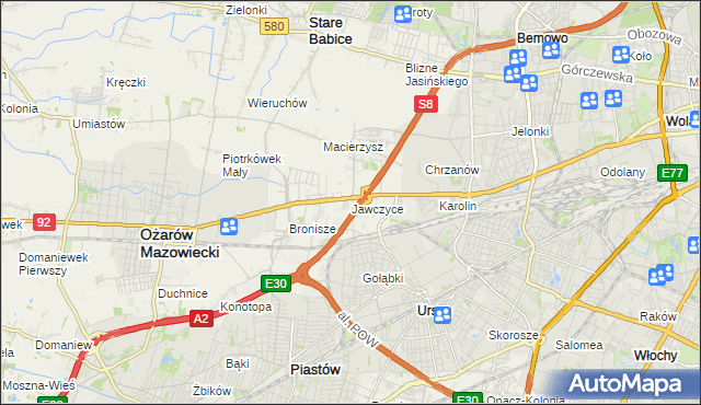 mapa Jawczyce gmina Ożarów Mazowiecki, Jawczyce gmina Ożarów Mazowiecki na mapie Targeo