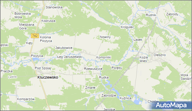 mapa Komorniki gmina Kluczewsko, Komorniki gmina Kluczewsko na mapie Targeo