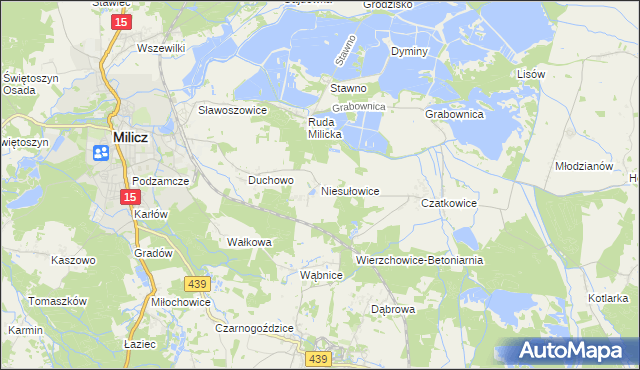 mapa Niesułowice gmina Milicz, Niesułowice gmina Milicz na mapie Targeo