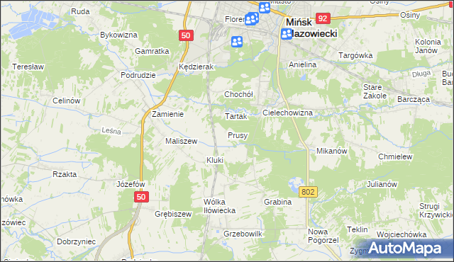 mapa Prusy gmina Mińsk Mazowiecki, Prusy gmina Mińsk Mazowiecki na mapie Targeo