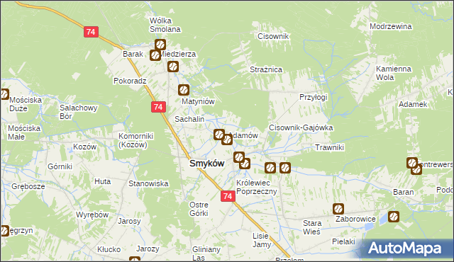 mapa Adamów gmina Smyków, Adamów gmina Smyków na mapie Targeo