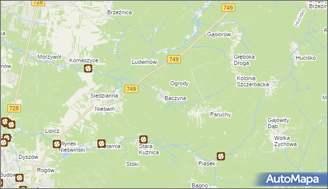 mapa Baczyna gmina Końskie, Baczyna gmina Końskie na mapie Targeo