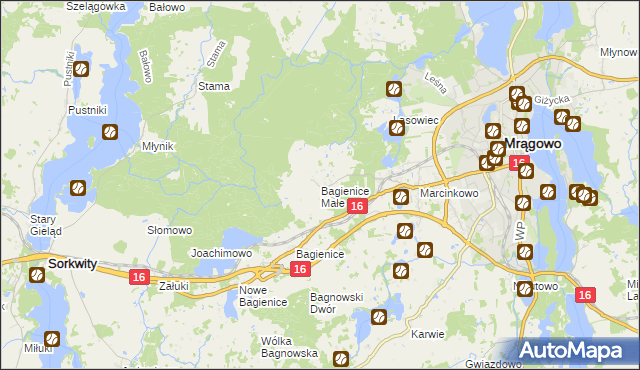 mapa Bagienice Małe gmina Mrągowo, Bagienice Małe gmina Mrągowo na mapie Targeo