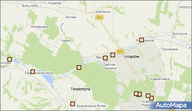 mapa Bęczyn gmina Urzędów, Bęczyn gmina Urzędów na mapie Targeo