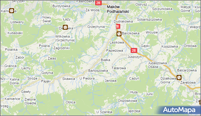 mapa Białka gmina Maków Podhalański, Białka gmina Maków Podhalański na mapie Targeo