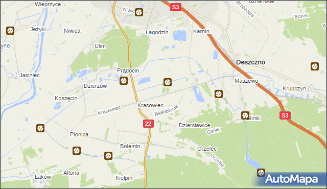 mapa Białobłocie gmina Deszczno, Białobłocie gmina Deszczno na mapie Targeo