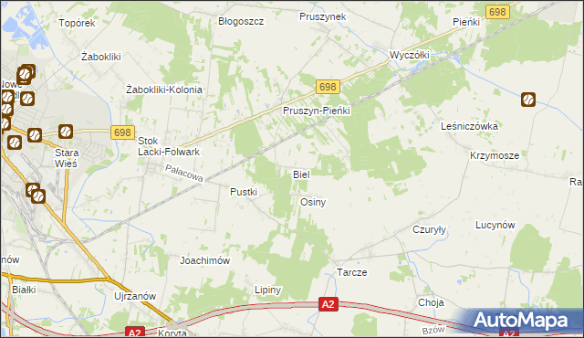 mapa Biel gmina Siedlce, Biel gmina Siedlce na mapie Targeo