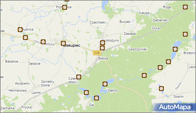 mapa Bielice gmina Biskupiec, Bielice gmina Biskupiec na mapie Targeo