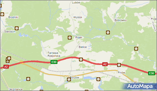 mapa Bielice gmina Torzym, Bielice gmina Torzym na mapie Targeo