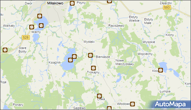 mapa Bieniasze gmina Miłakowo, Bieniasze gmina Miłakowo na mapie Targeo