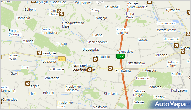 mapa Biskupice gmina Iwanowice, Biskupice gmina Iwanowice na mapie Targeo