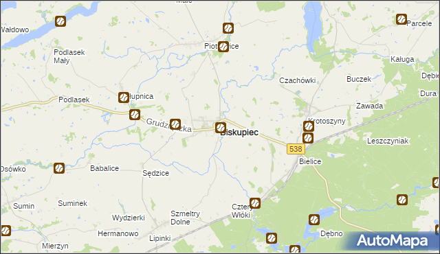 mapa Biskupiec powiat nowomiejski, Biskupiec powiat nowomiejski na mapie Targeo