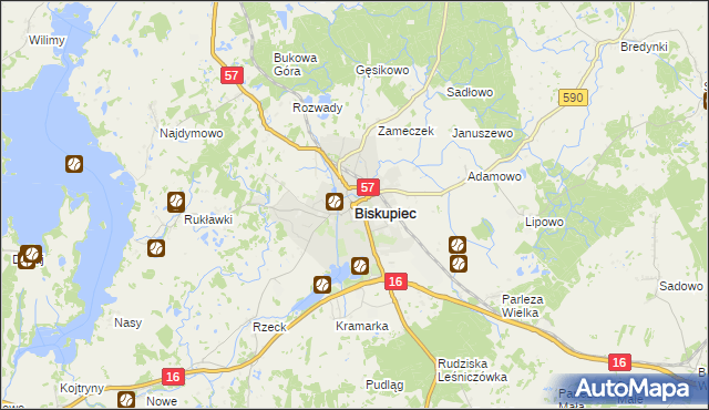 mapa Biskupiec powiat olsztyński, Biskupiec powiat olsztyński na mapie Targeo