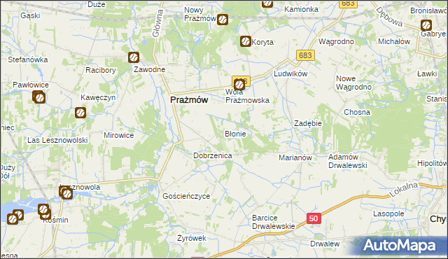 mapa Błonie gmina Prażmów, Błonie gmina Prażmów na mapie Targeo