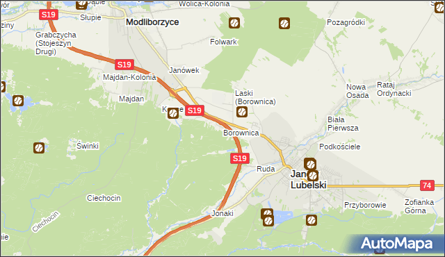 mapa Borownica gmina Janów Lubelski, Borownica gmina Janów Lubelski na mapie Targeo