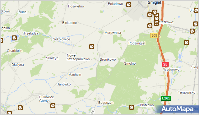 mapa Bronikowo gmina Śmigiel, Bronikowo gmina Śmigiel na mapie Targeo