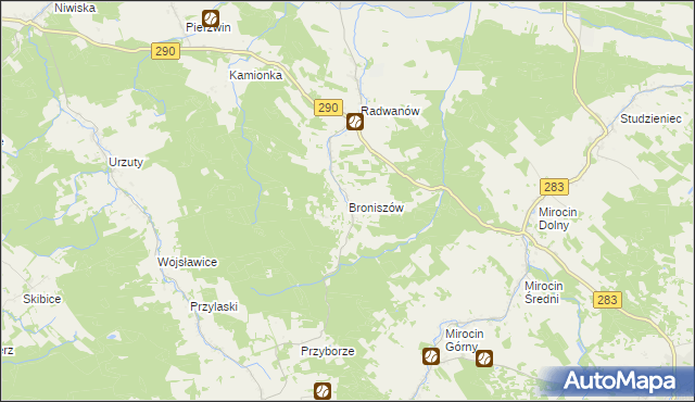 mapa Broniszów gmina Kożuchów, Broniszów gmina Kożuchów na mapie Targeo