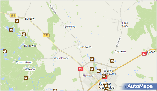 mapa Bronowice gmina Strzelce Krajeńskie, Bronowice gmina Strzelce Krajeńskie na mapie Targeo