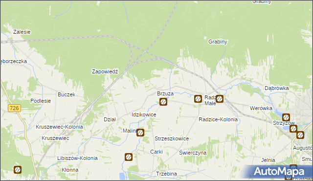 mapa Brzuza gmina Drzewica, Brzuza gmina Drzewica na mapie Targeo