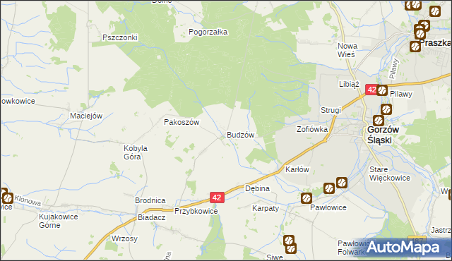 mapa Budzów gmina Gorzów Śląski, Budzów gmina Gorzów Śląski na mapie Targeo