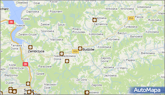 mapa Budzów powiat suski, Budzów powiat suski na mapie Targeo