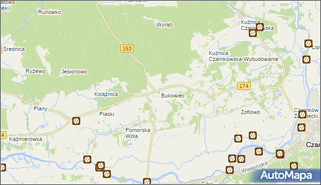 mapa Bukowiec gmina Czarnków, Bukowiec gmina Czarnków na mapie Targeo